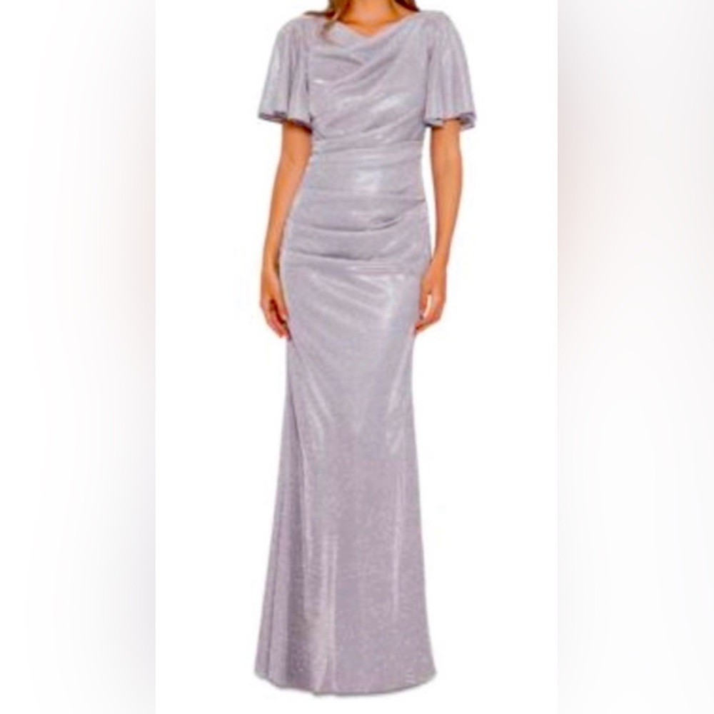 Betsy & Adam Shimmering Silver Maxi Dress